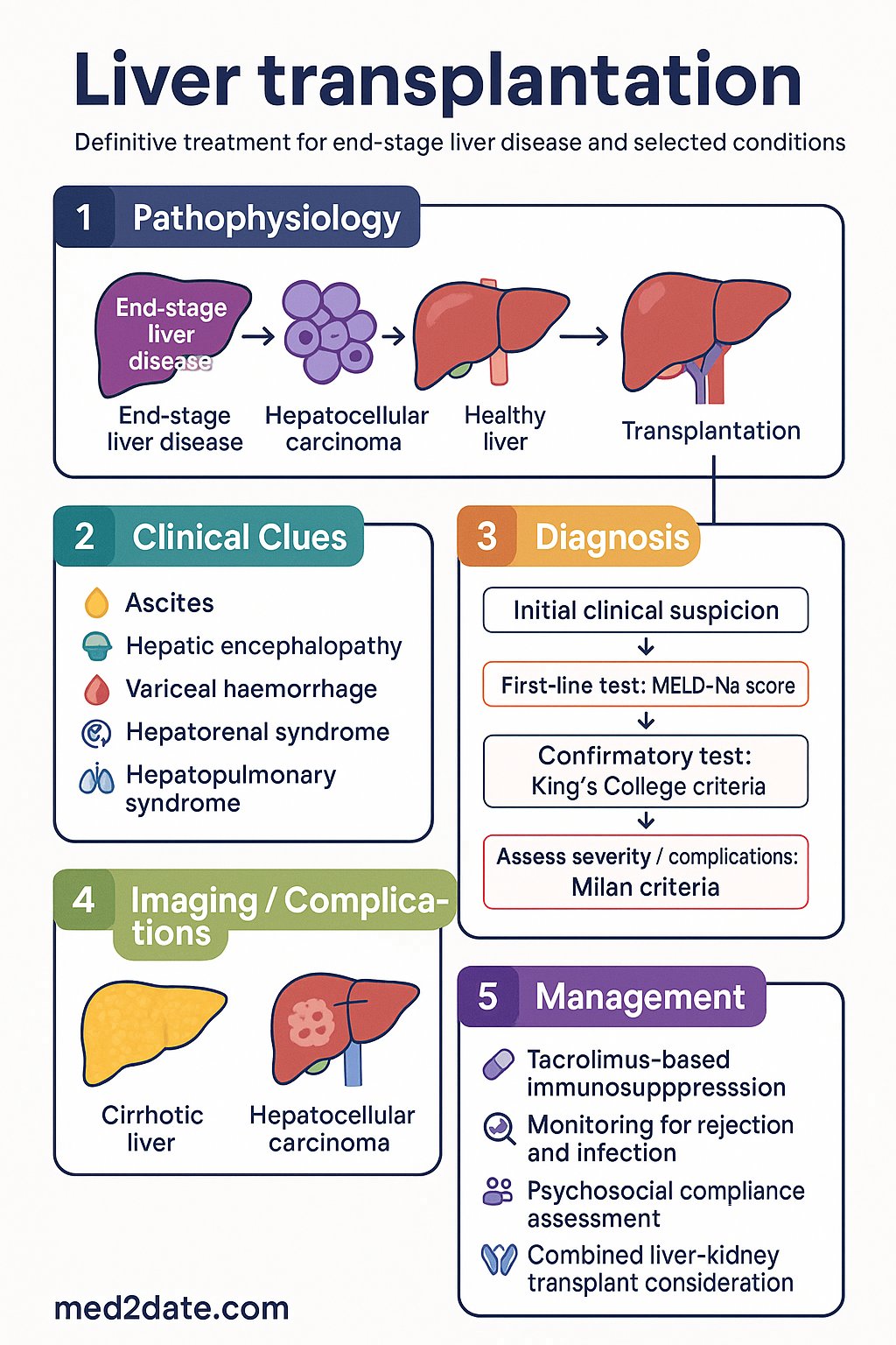 Liver Transplantation clinical infographic — pathophysiology, clinical clues, diagnosis, imaging, and management