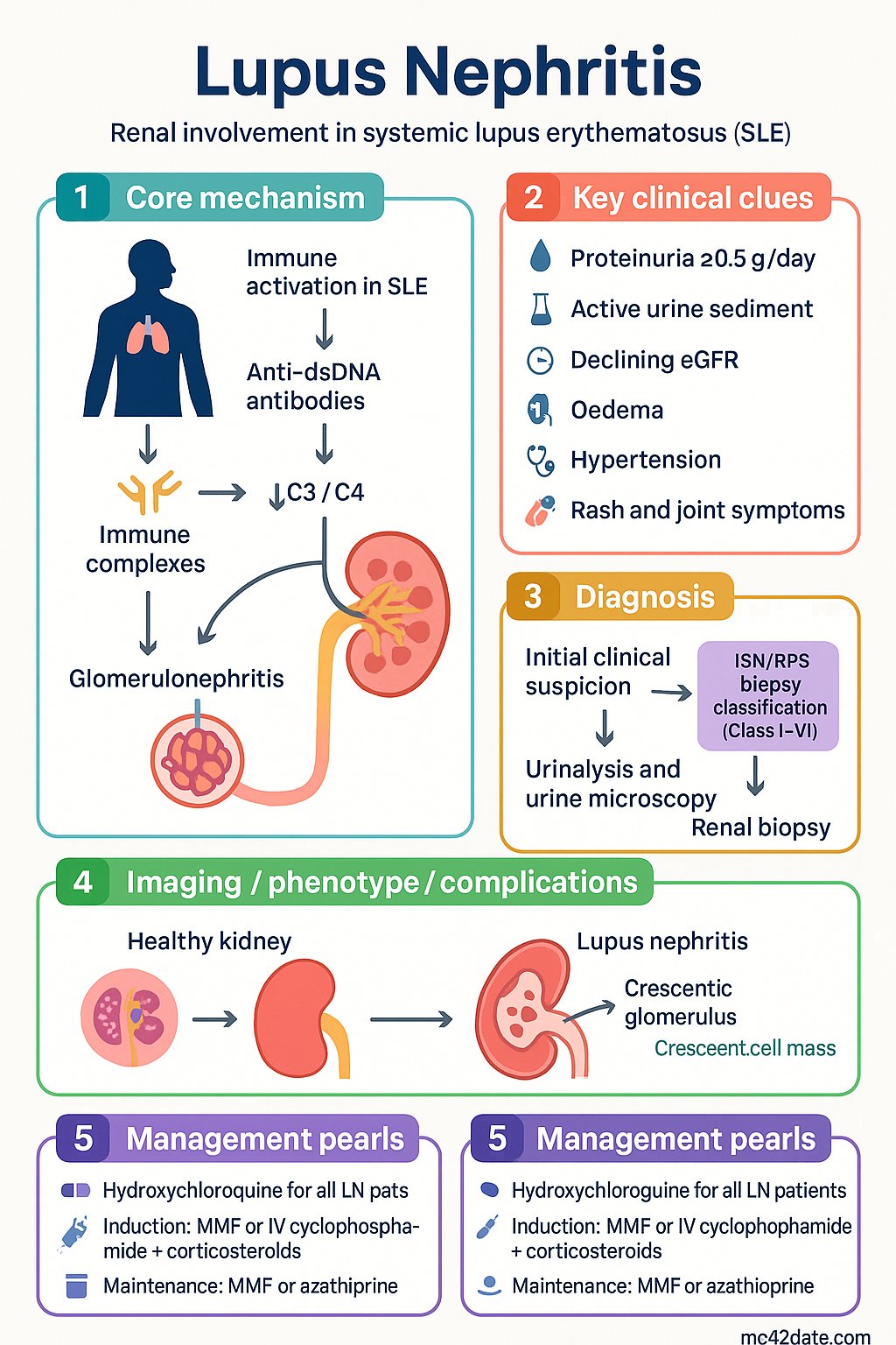 Lupus Nephritis clinical infographic — pathophysiology, clinical clues, diagnosis, imaging, and management