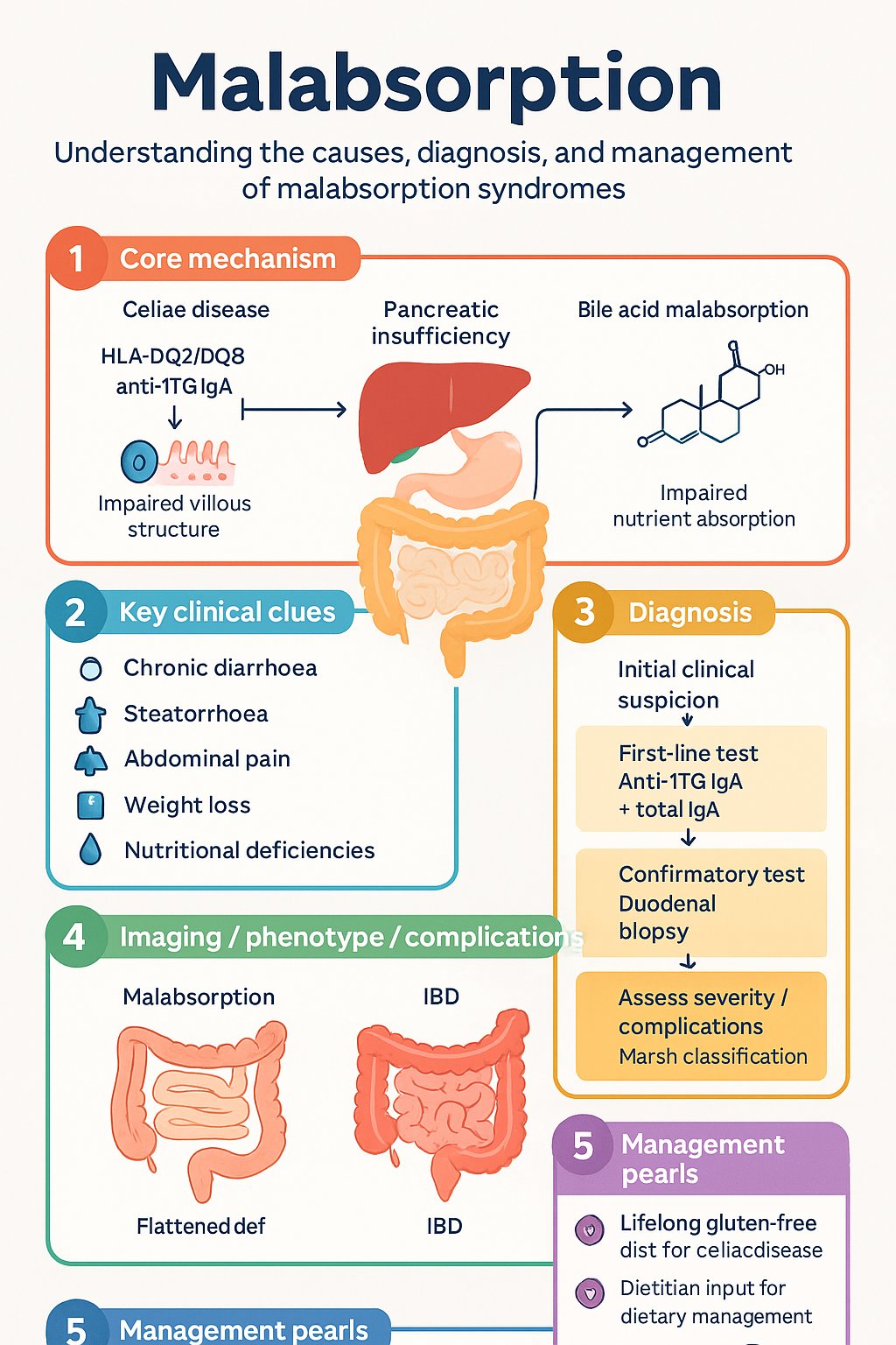 Malabsorption clinical infographic — pathophysiology, clinical clues, diagnosis, imaging, and management