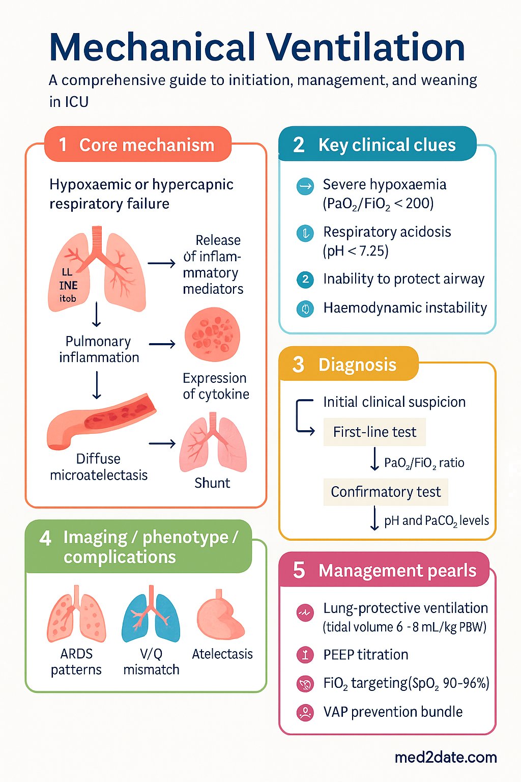 Mechanical Ventilation clinical infographic — pathophysiology, clinical clues, diagnosis, imaging, and management