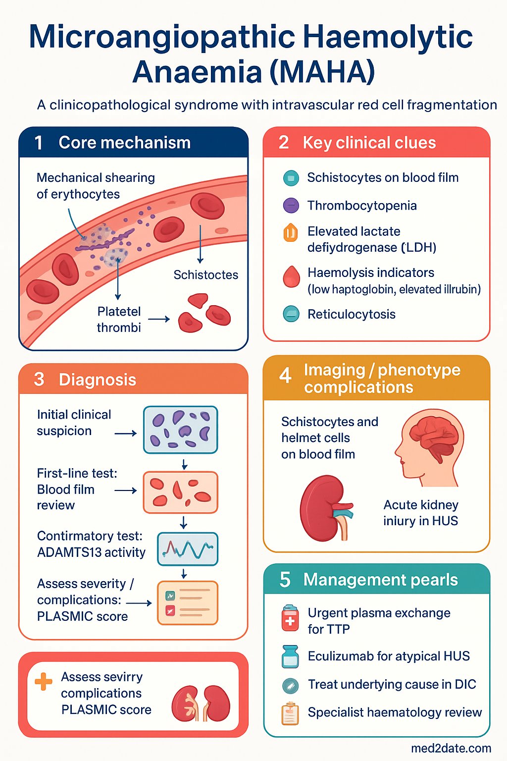 Microangiopathic Haemolytic Anaemia (MAHA) clinical infographic — pathophysiology, clinical clues, diagnosis, imaging, and management