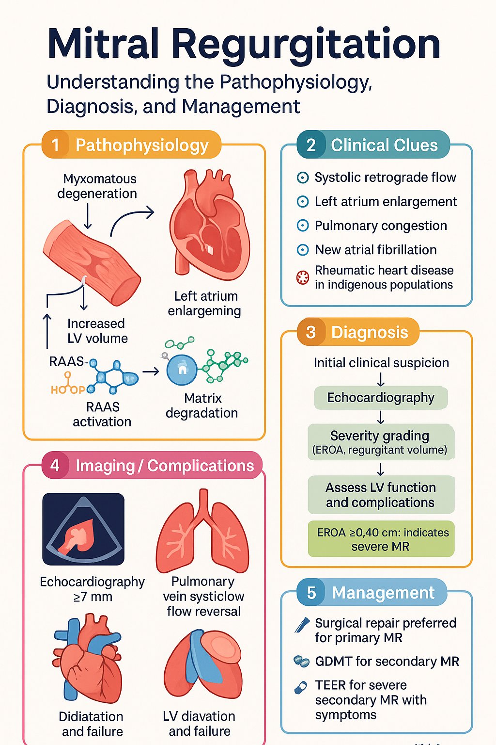 Mitral Regurgitation clinical infographic — pathophysiology, clinical clues, diagnosis, imaging, and management