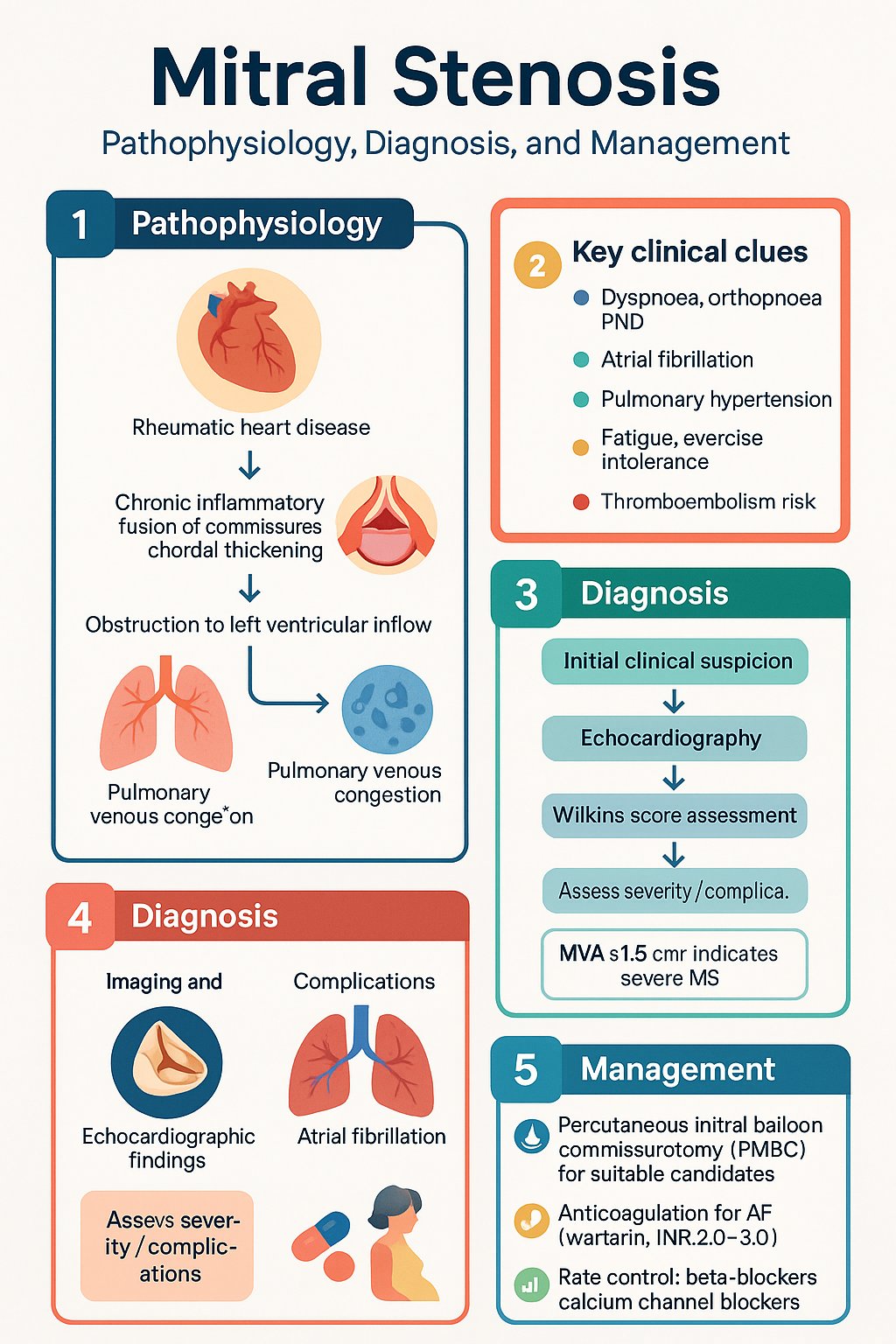 Mitral Stenosis clinical infographic — pathophysiology, clinical clues, diagnosis, imaging, and management