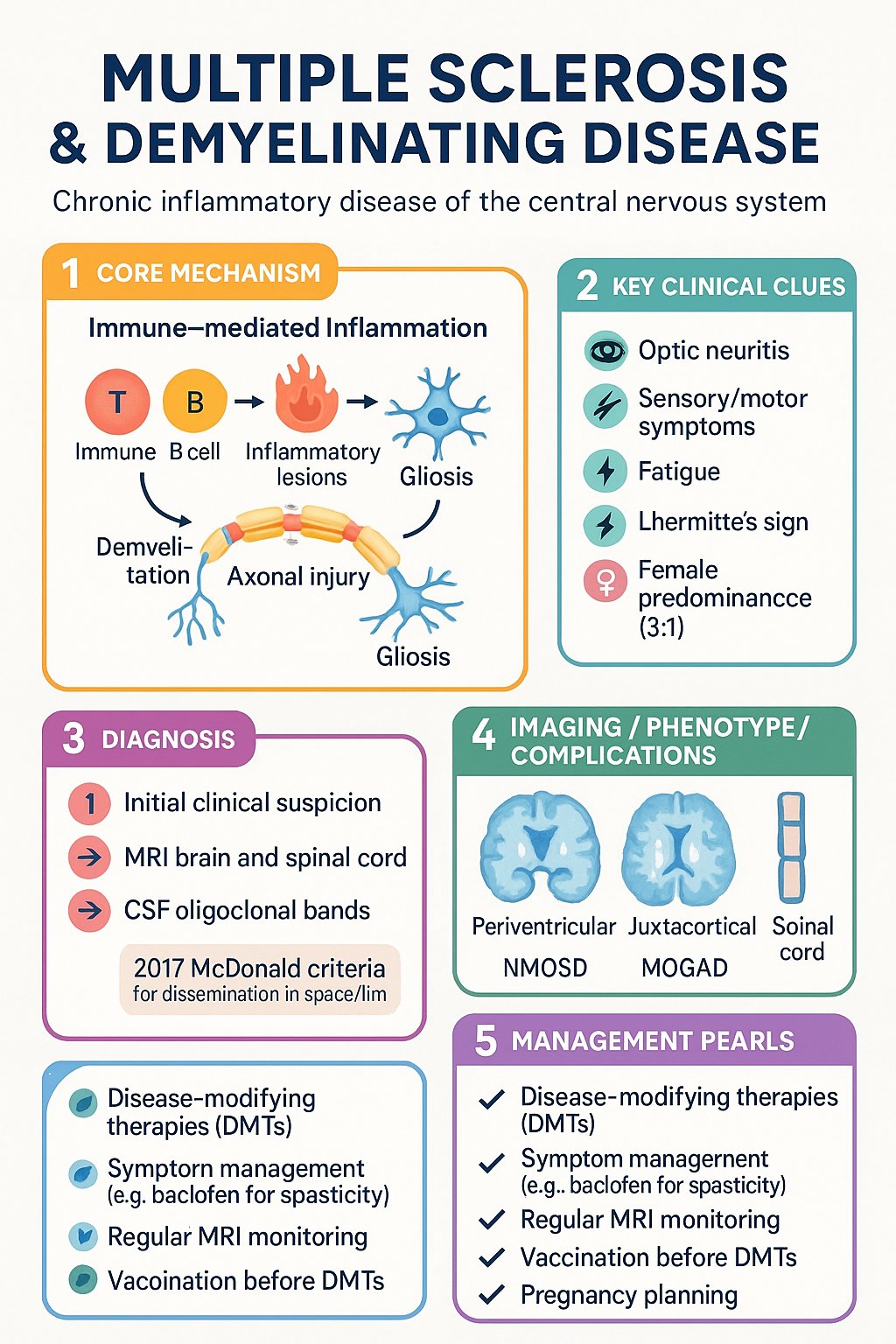 Multiple Sclerosis & Demyelinating Disease clinical infographic — pathophysiology, clinical clues, diagnosis, imaging, and management