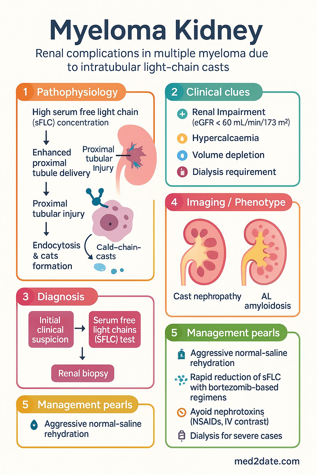 Myeloma Kidney clinical infographic — pathophysiology, clinical clues, diagnosis, imaging, and management
