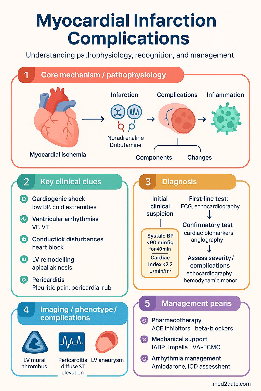 Myocardial Infarction Complications clinical infographic — pathophysiology, clinical clues, diagnosis, imaging, and management