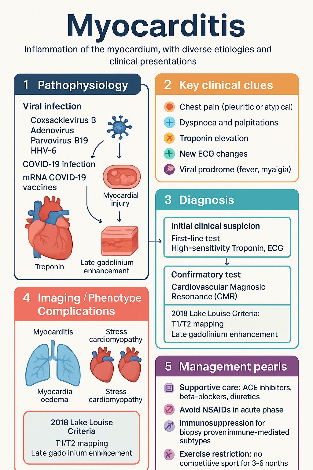 Myocarditis clinical infographic — pathophysiology, clinical clues, diagnosis, imaging, and management