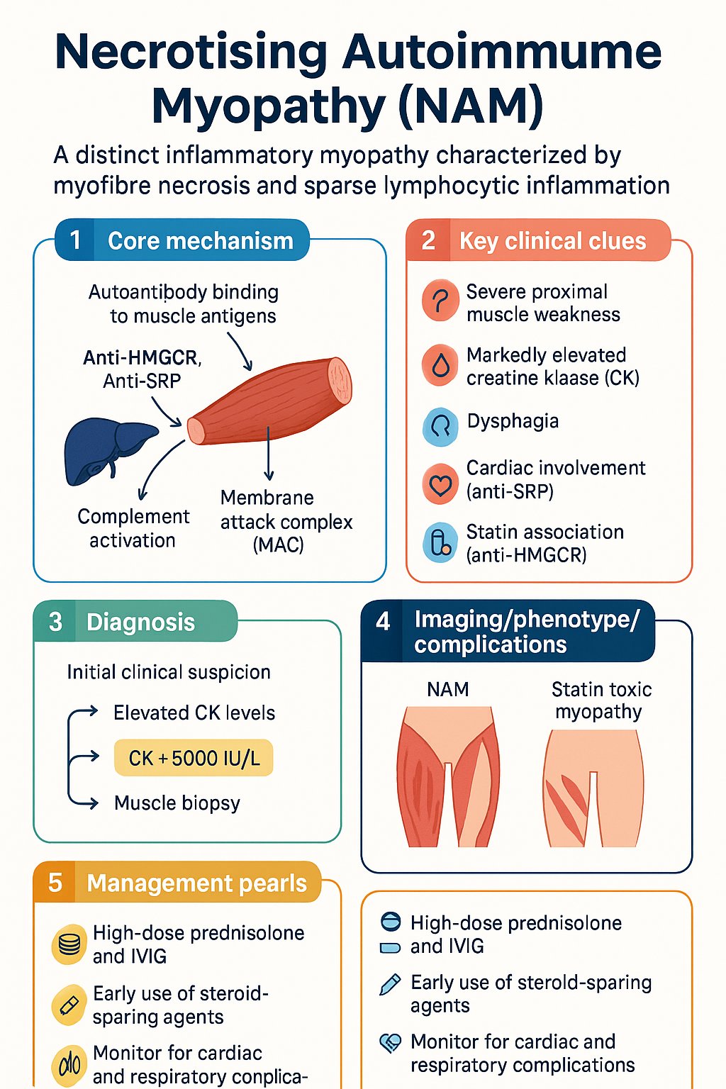 Necrotising Autoimmune Myopathy (NAM) clinical infographic — pathophysiology, clinical clues, diagnosis, imaging, and management