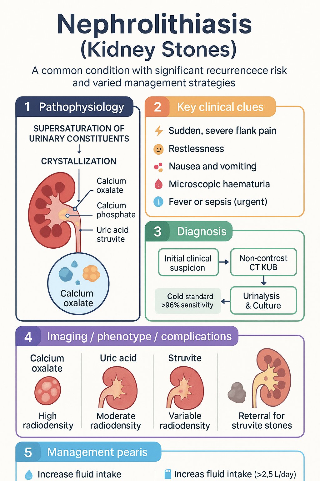 Nephrolithiasis (Kidney Stones) clinical infographic — pathophysiology, clinical clues, diagnosis, imaging, and management