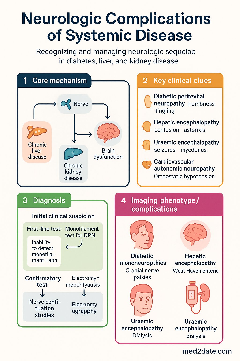 Neurologic Complications of Systemic Disease clinical infographic — pathophysiology, clinical clues, diagnosis, imaging, and management
