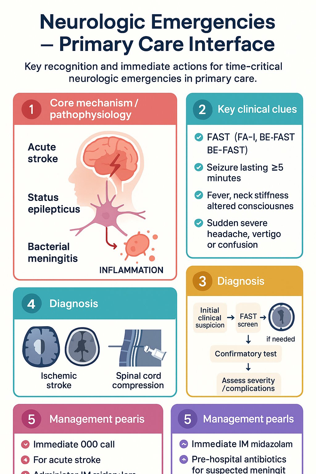 Neurologic Emergencies – Primary Care Interface clinical infographic — pathophysiology, clinical clues, diagnosis, imaging, and management