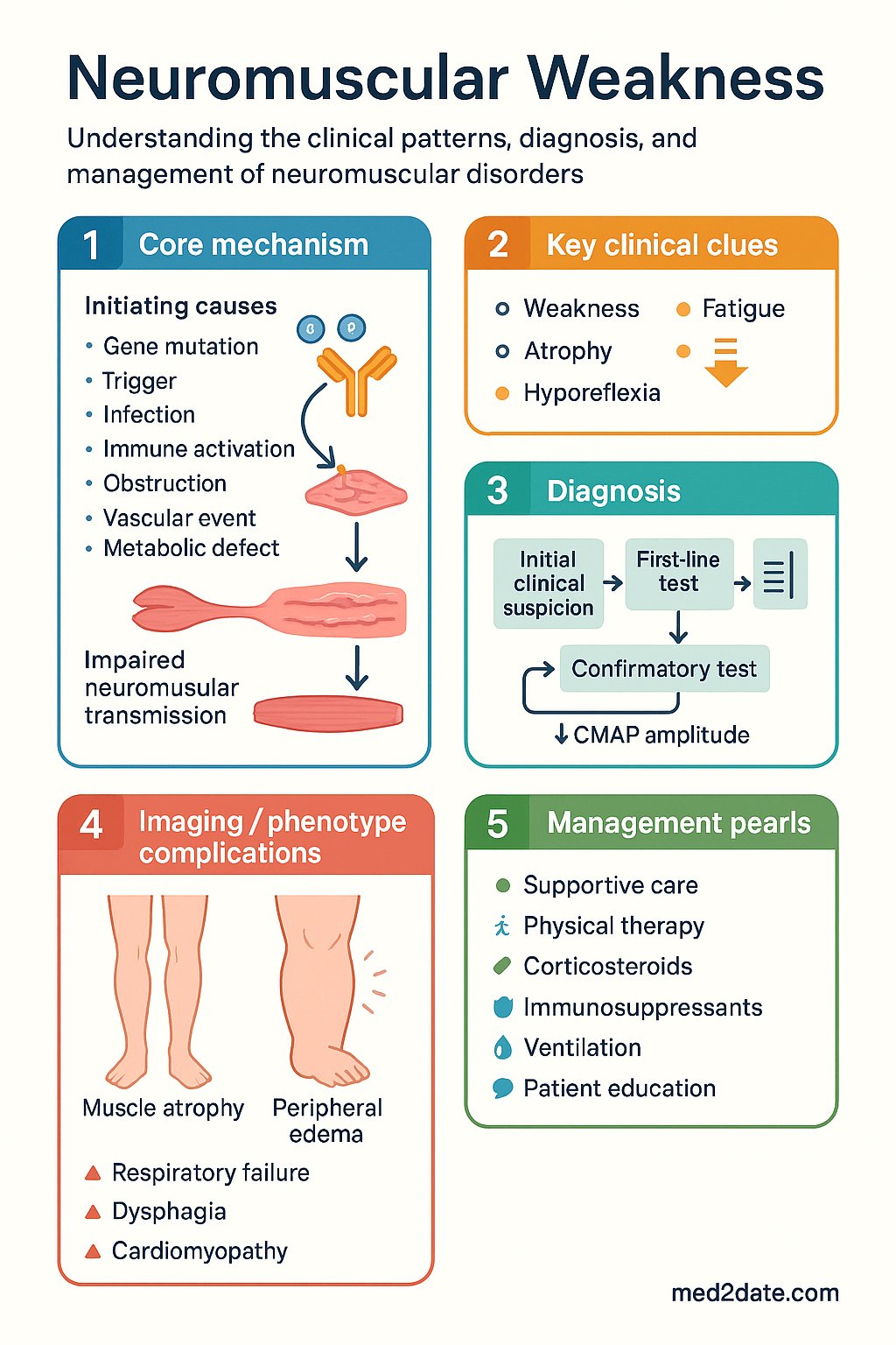 Neuromuscular Weakness clinical infographic — pathophysiology, clinical clues, diagnosis, imaging, and management