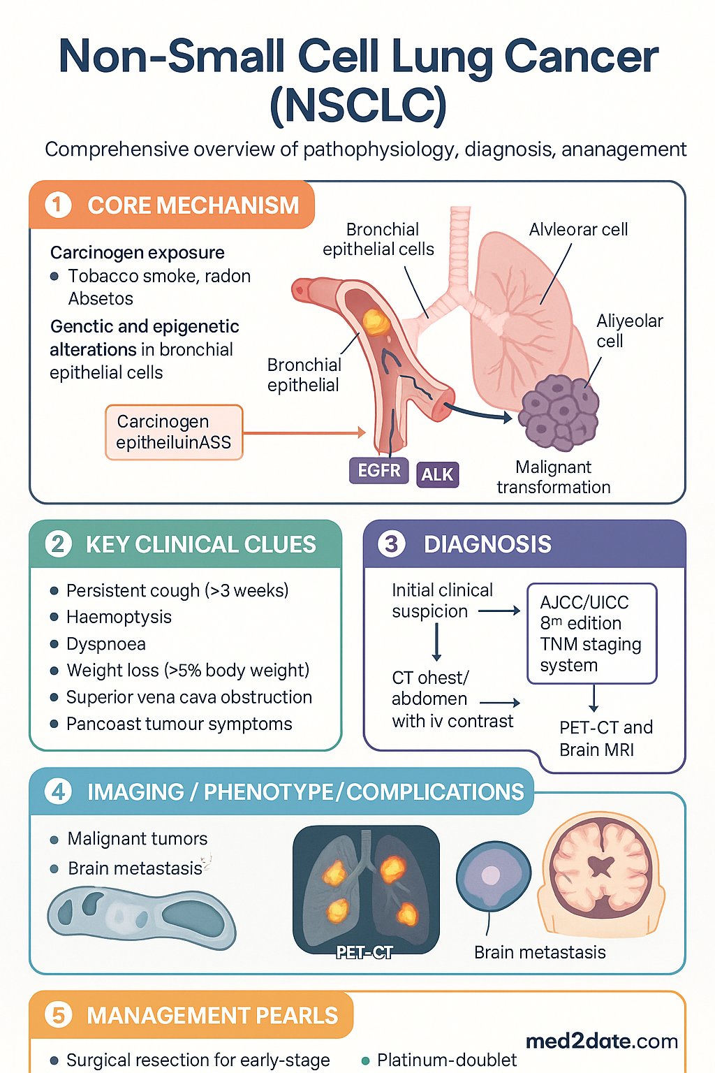 Non-Small Cell Lung Cancer (NSCLC) clinical infographic — pathophysiology, clinical clues, diagnosis, imaging, and management