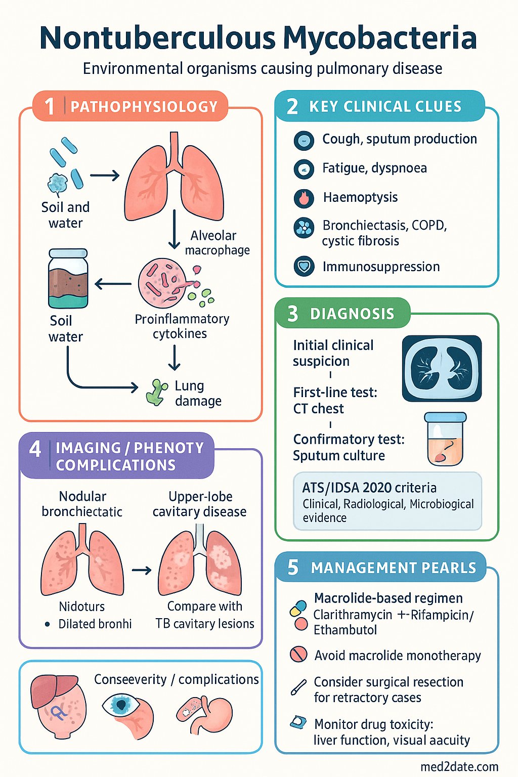 Nontuberculous Mycobacteria (NTM) clinical infographic — pathophysiology, clinical clues, diagnosis, imaging, and management