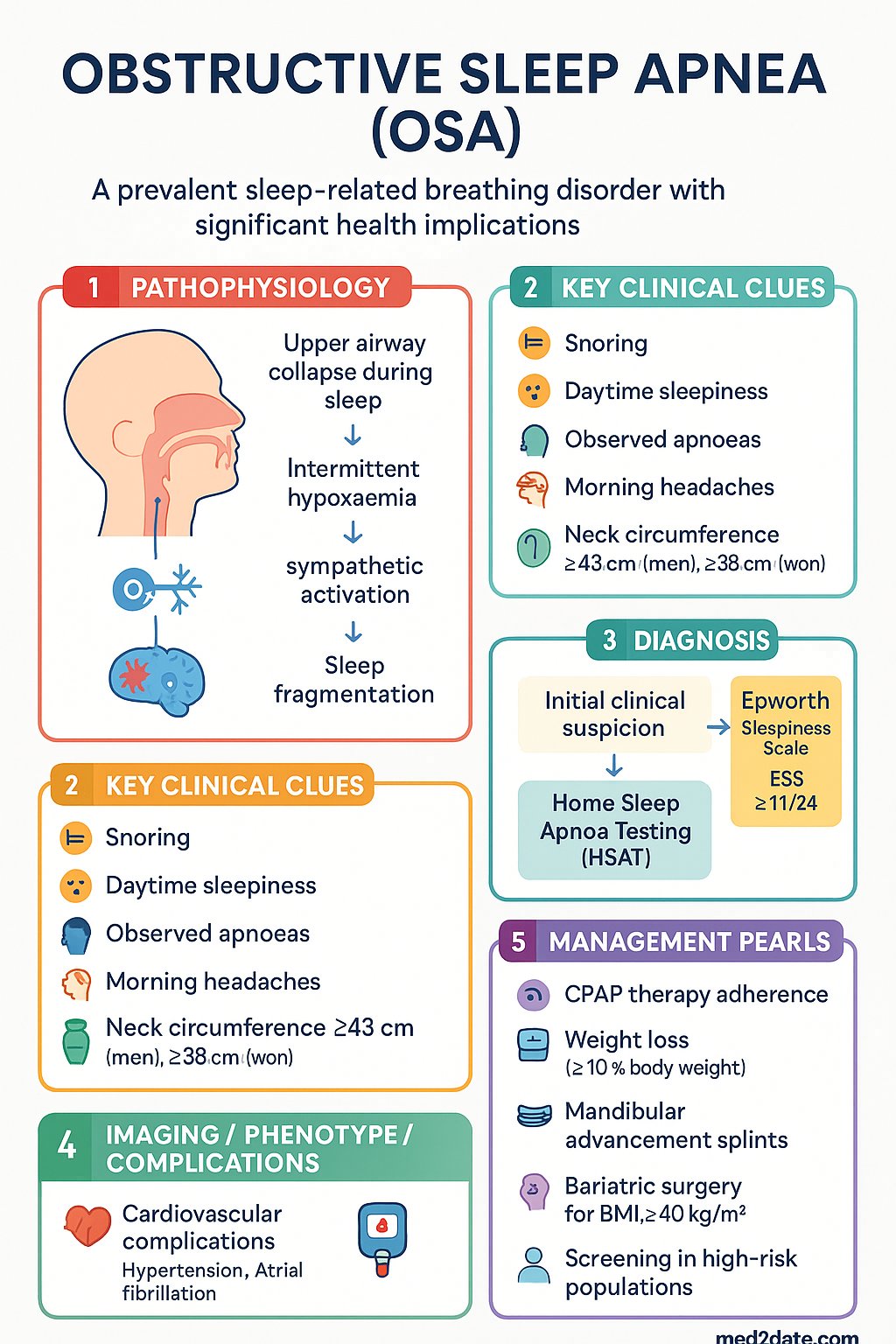 Obstructive Sleep Apnea (OSA) clinical infographic — pathophysiology, clinical clues, diagnosis, imaging, and management