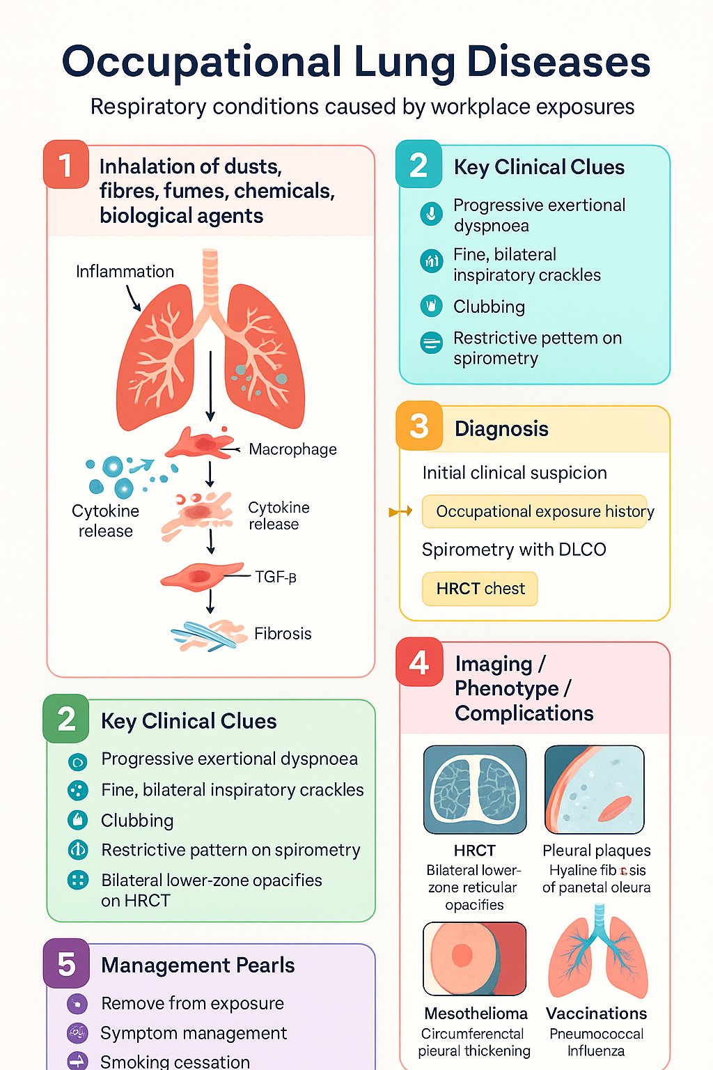 Occupational Lung Diseases clinical infographic — pathophysiology, clinical clues, diagnosis, imaging, and management