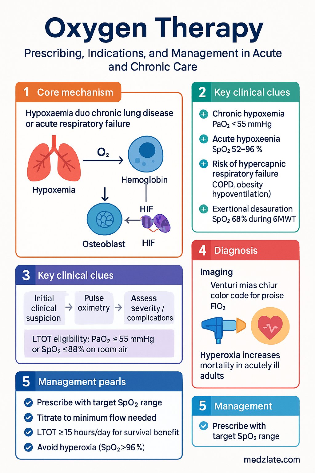 Oxygen Therapy clinical infographic — pathophysiology, clinical clues, diagnosis, imaging, and management