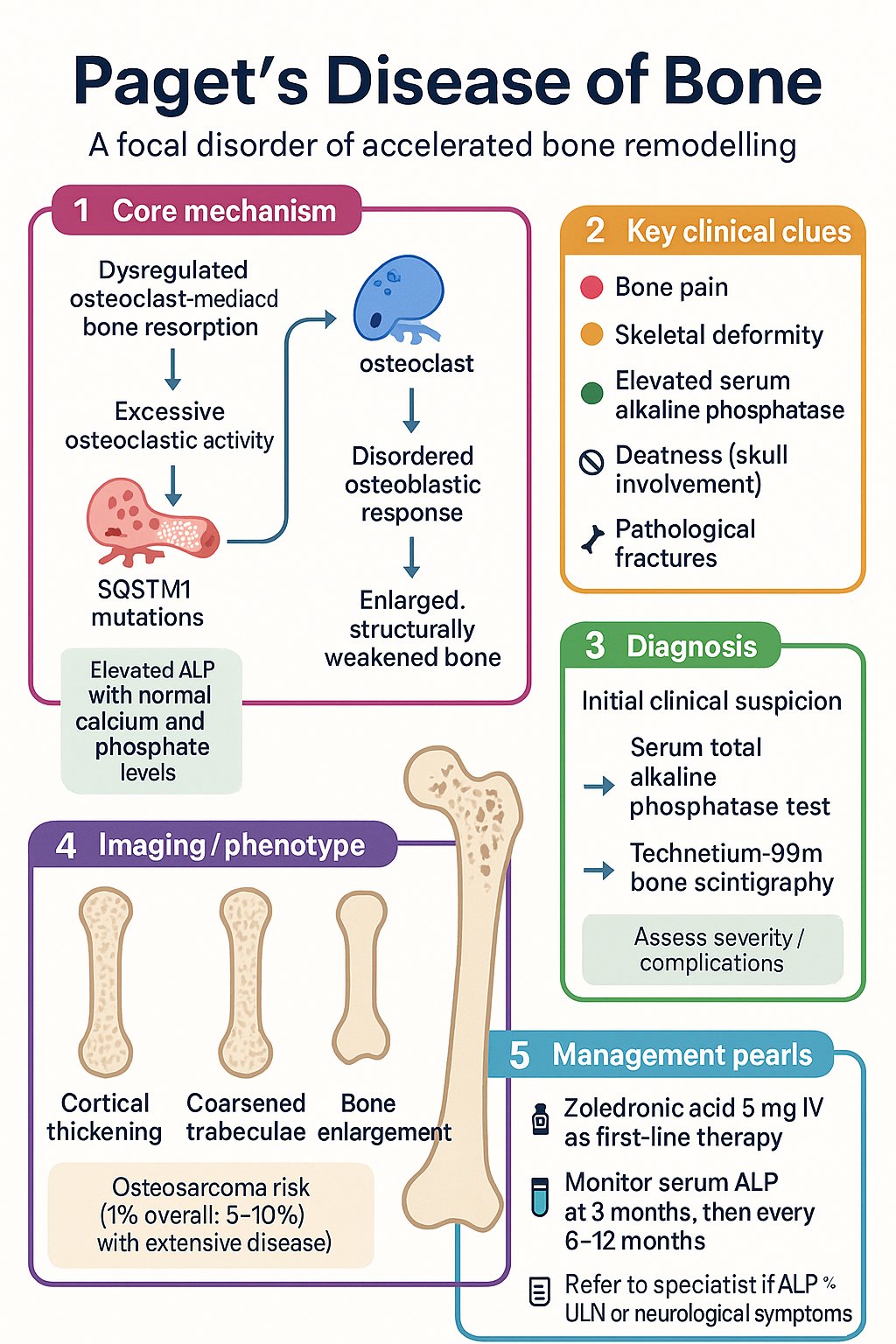 Paget's Disease of Bone clinical infographic — pathophysiology, clinical clues, diagnosis, imaging, and management