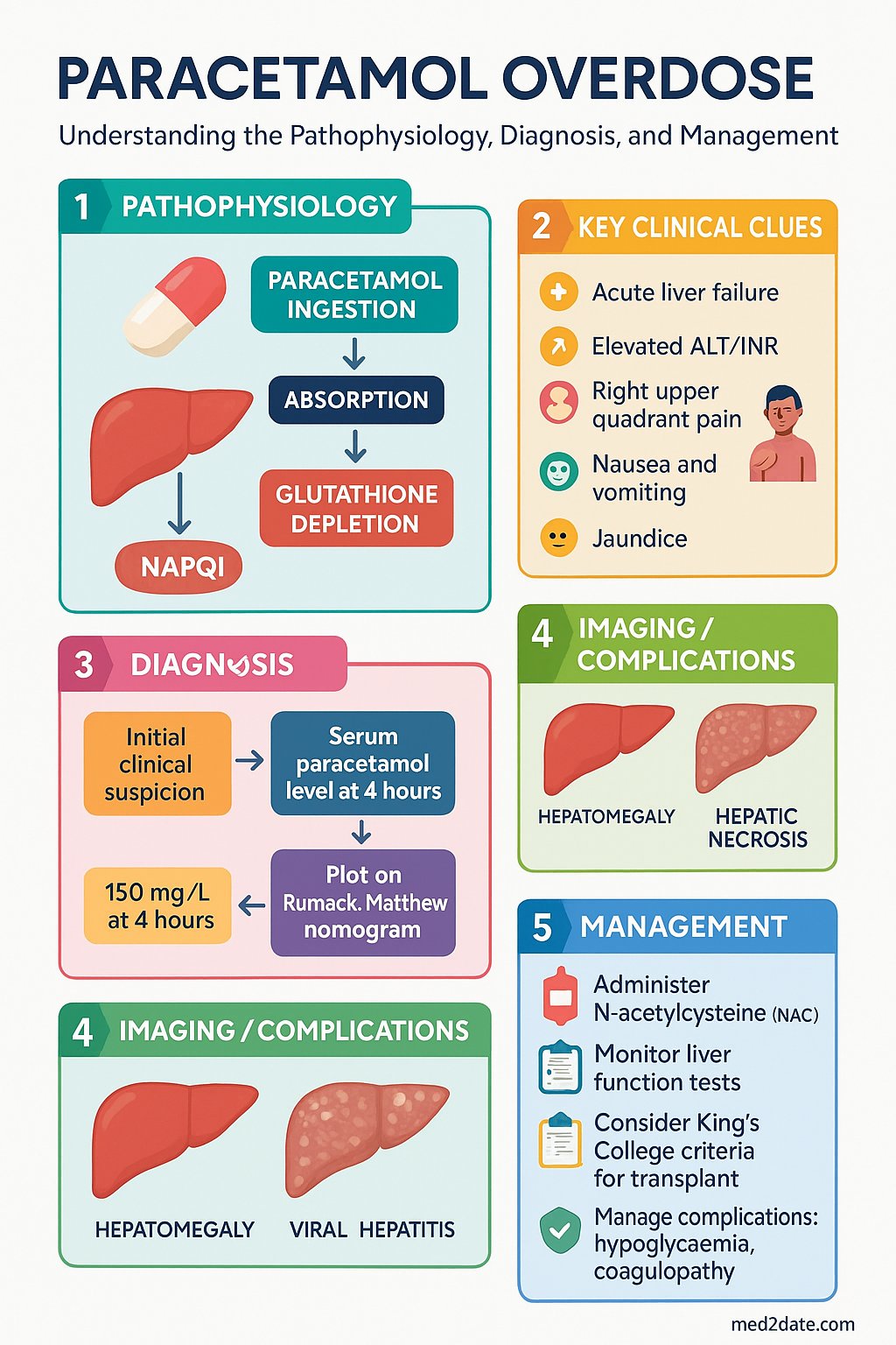 Paracetamol Overdose clinical infographic — pathophysiology, clinical clues, diagnosis, imaging, and management