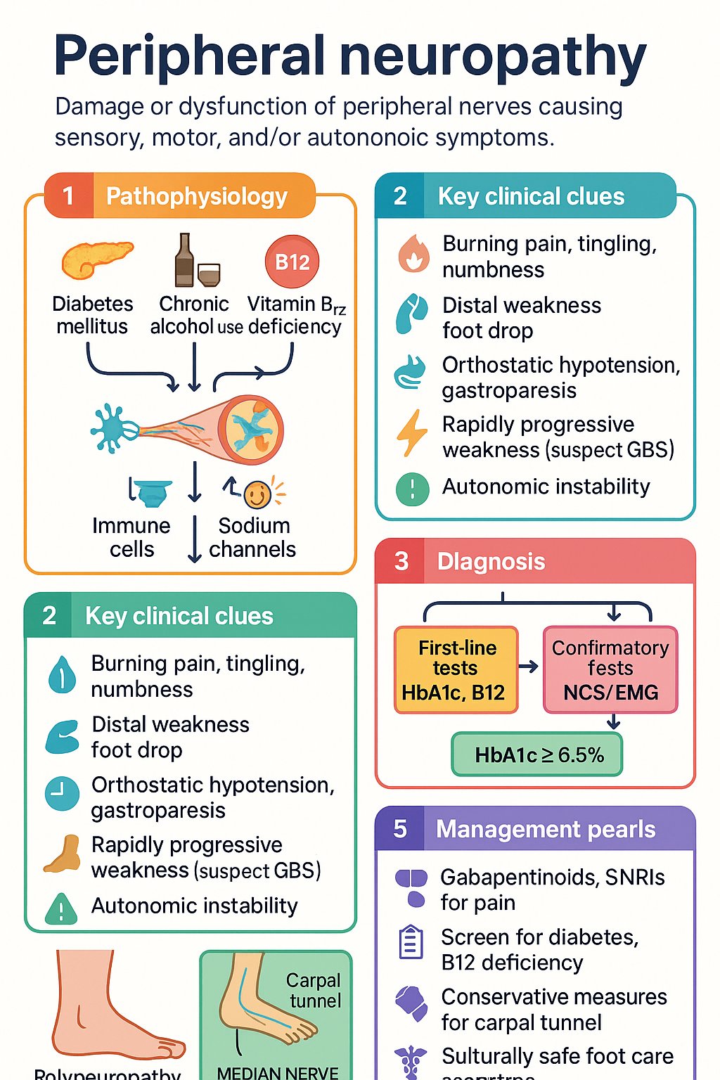 Peripheral Neuropathy clinical infographic — pathophysiology, clinical clues, diagnosis, imaging, and management