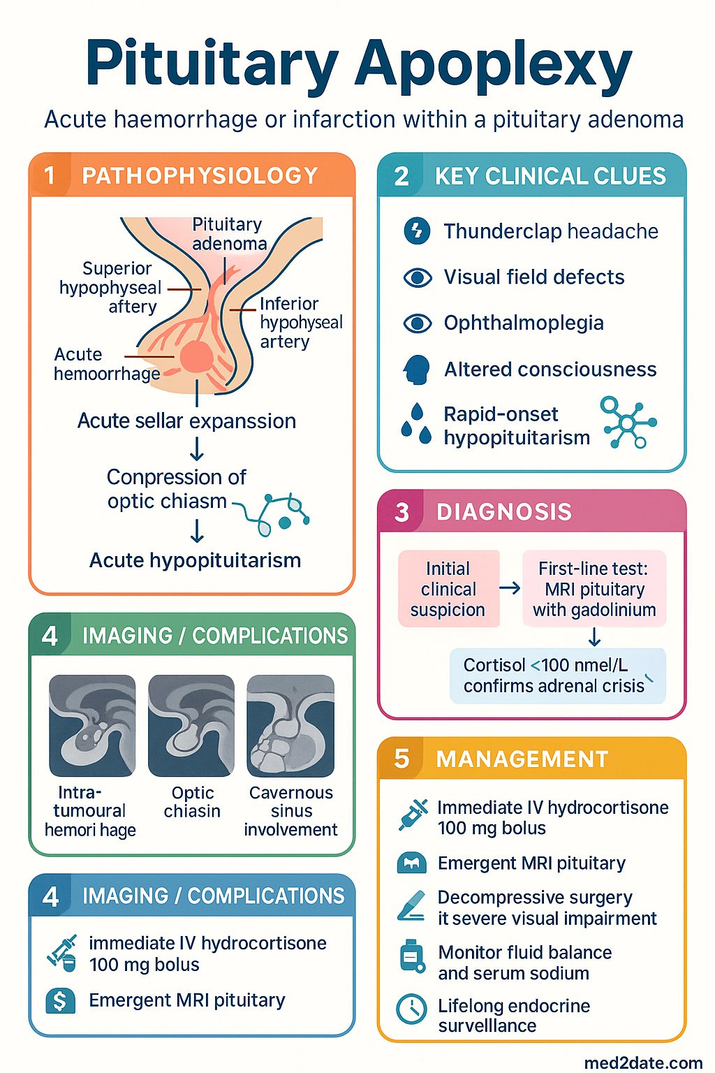 Pituitary Apoplexy clinical infographic — pathophysiology, clinical clues, diagnosis, imaging, and management