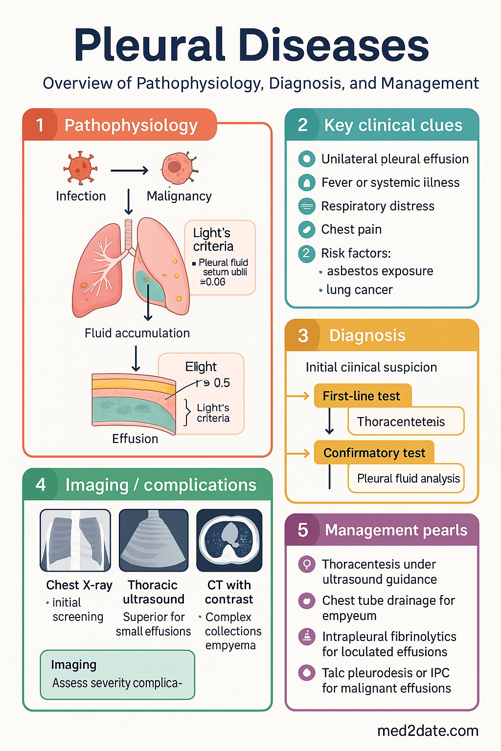 Pleural Diseases clinical infographic — pathophysiology, clinical clues, diagnosis, imaging, and management