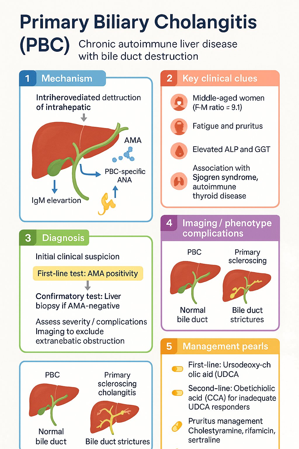 Primary Biliary Cholangitis (PBC) clinical infographic — pathophysiology, clinical clues, diagnosis, imaging, and management