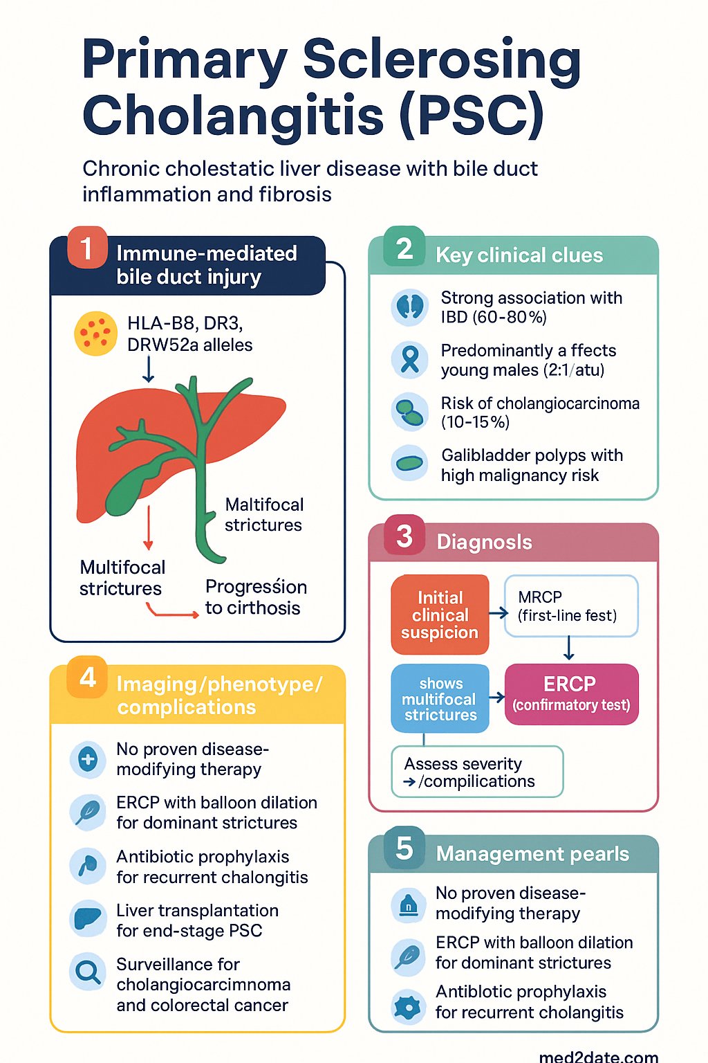 Primary Sclerosing Cholangitis (PSC) clinical infographic — pathophysiology, clinical clues, diagnosis, imaging, and management