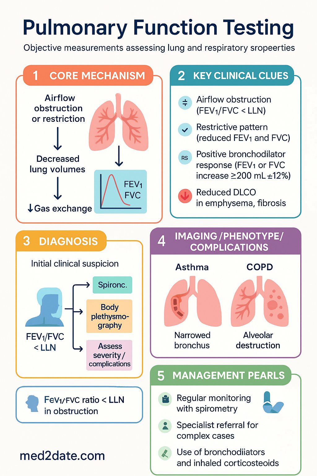 Pulmonary Function Testing clinical infographic — pathophysiology, clinical clues, diagnosis, imaging, and management