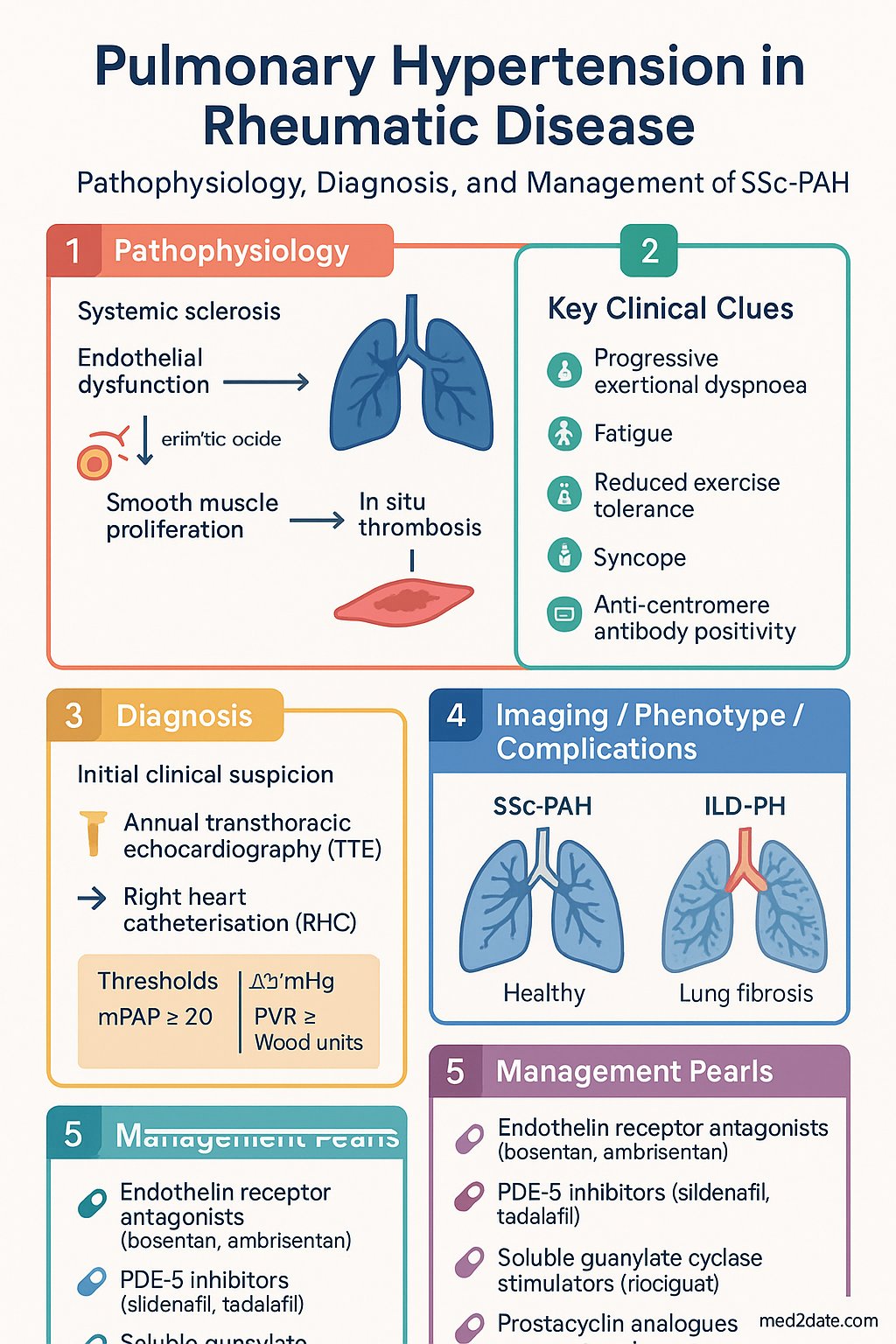 Pulmonary Hypertension in Rheumatic Disease clinical infographic — pathophysiology, clinical clues, diagnosis, imaging, and management