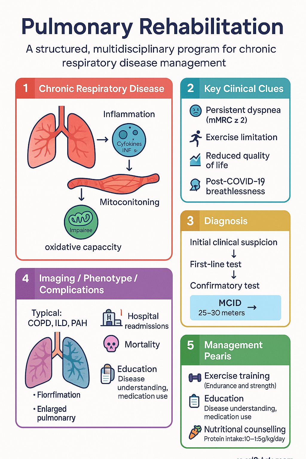 Pulmonary Rehabilitation clinical infographic — pathophysiology, clinical clues, diagnosis, imaging, and management