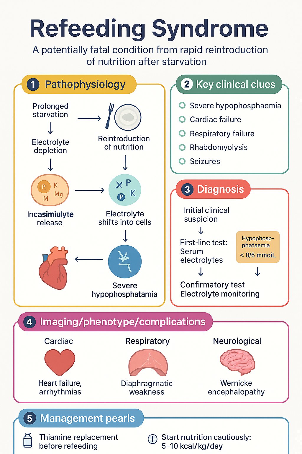 Refeeding Syndrome clinical infographic — pathophysiology, clinical clues, diagnosis, imaging, and management
