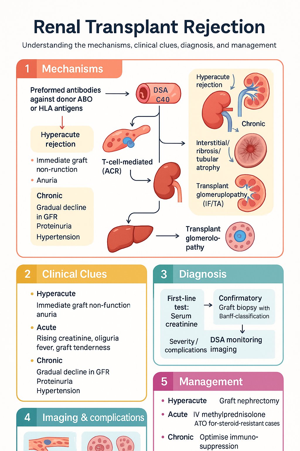Renal Transplant Rejection clinical infographic — pathophysiology, clinical clues, diagnosis, imaging, and management