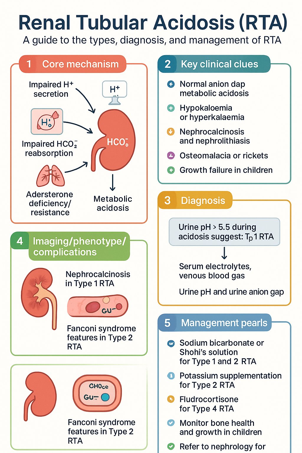 Renal Tubular Acidosis (RTA) clinical infographic — pathophysiology, clinical clues, diagnosis, imaging, and management