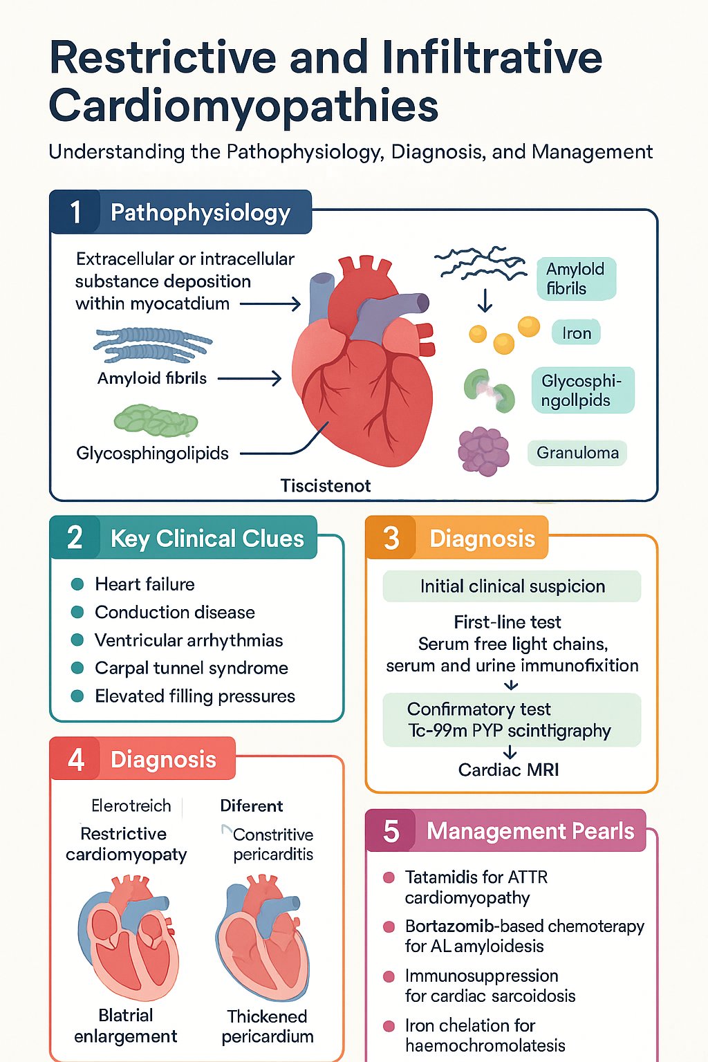 Restrictive and Infiltrative Cardiomyopathies clinical infographic — pathophysiology, clinical clues, diagnosis, imaging, and management