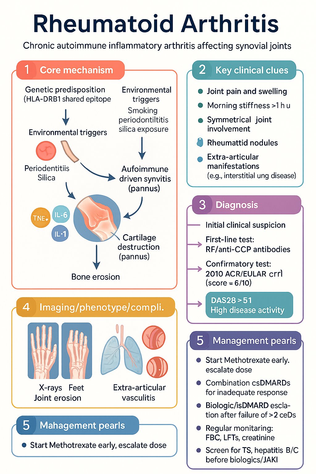 Rheumatoid Arthritis clinical infographic — pathophysiology, clinical clues, diagnosis, imaging, and management