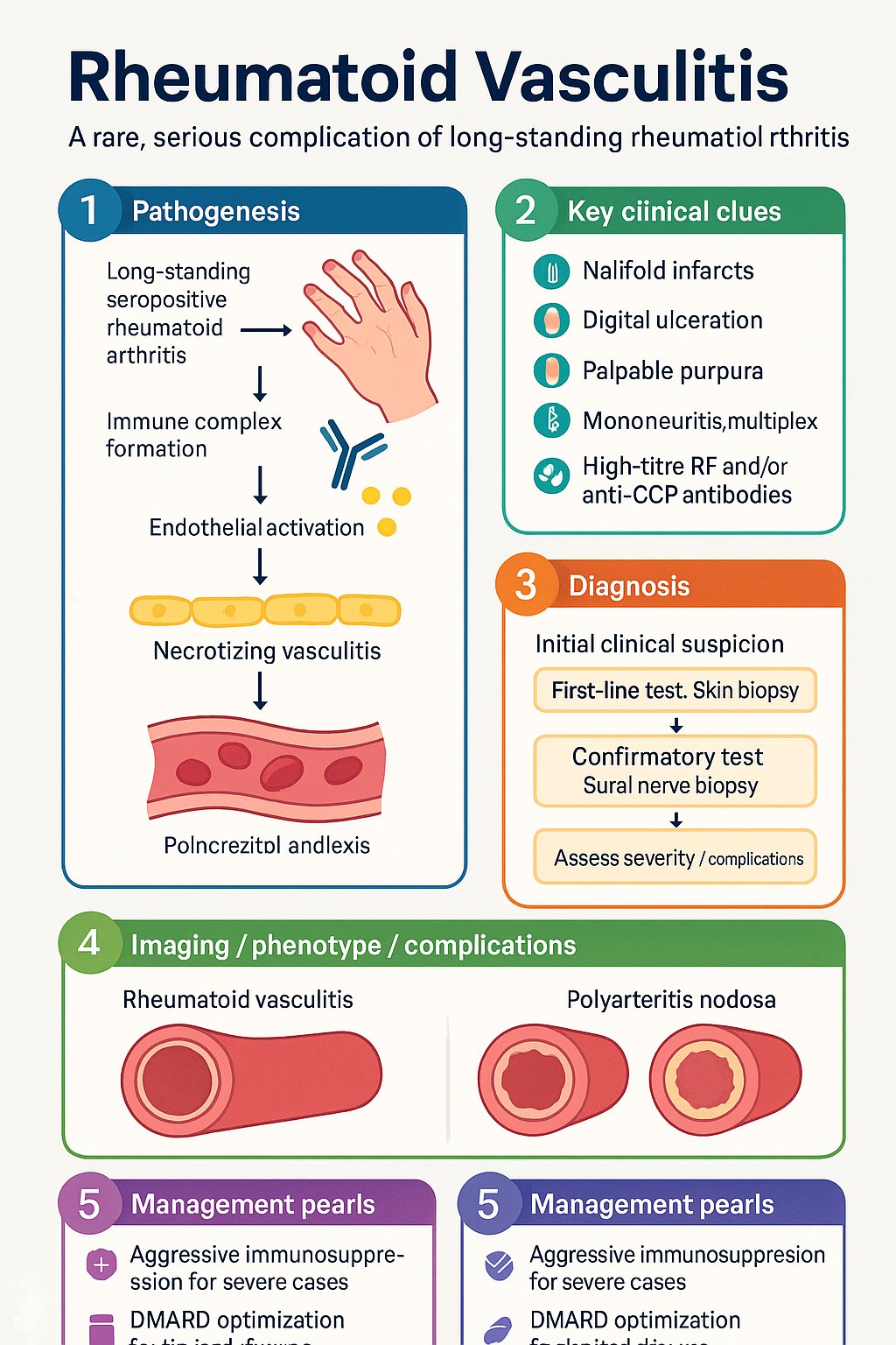 Rheumatoid Vasculitis clinical infographic — pathophysiology, clinical clues, diagnosis, imaging, and management