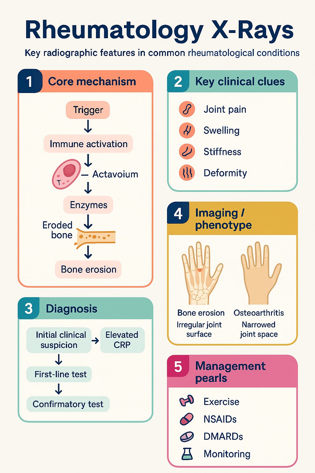 Rheumatology X-Rays clinical infographic — pathophysiology, clinical clues, diagnosis, imaging, and management