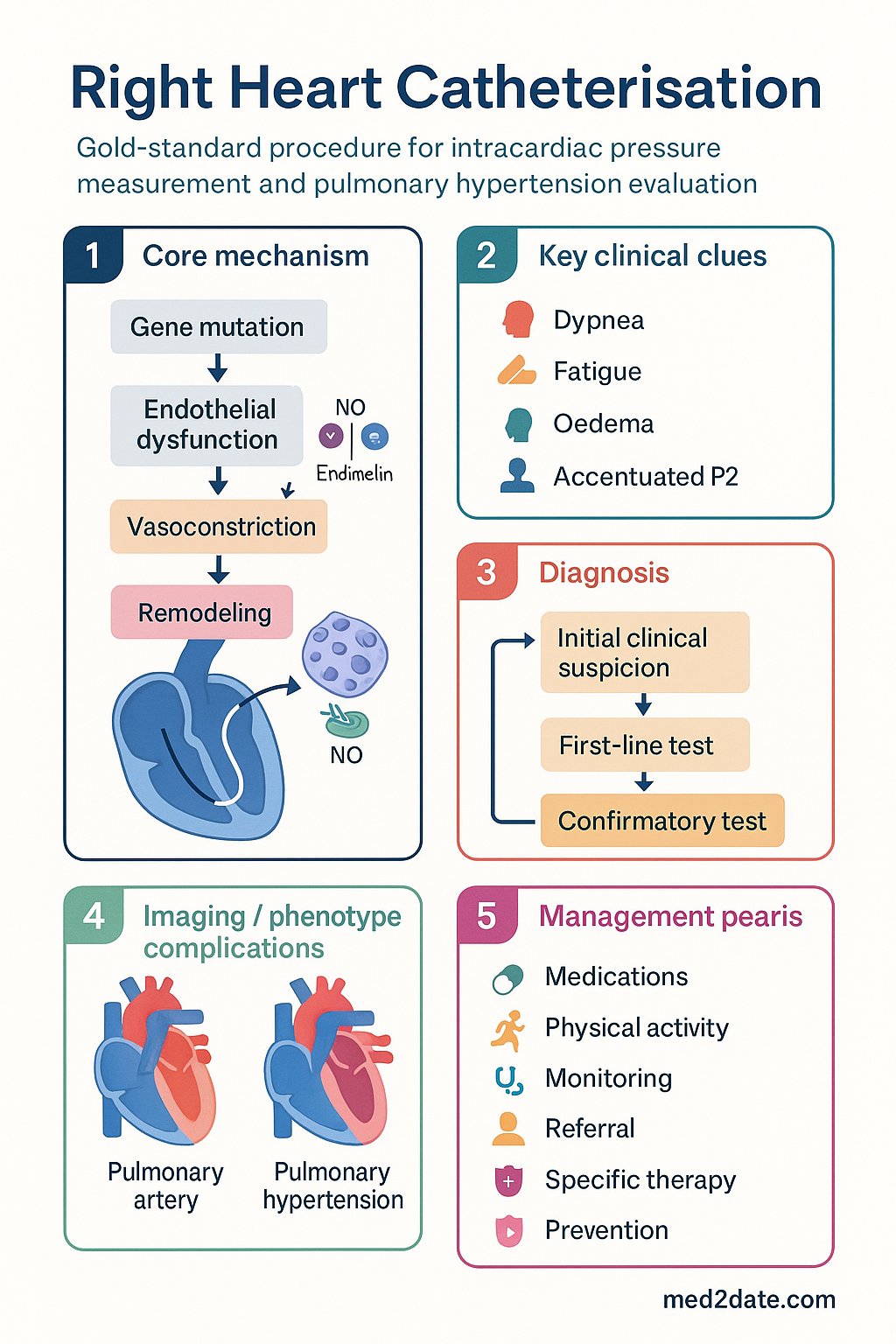 Right Heart Catheterisation clinical infographic — pathophysiology, clinical clues, diagnosis, imaging, and management