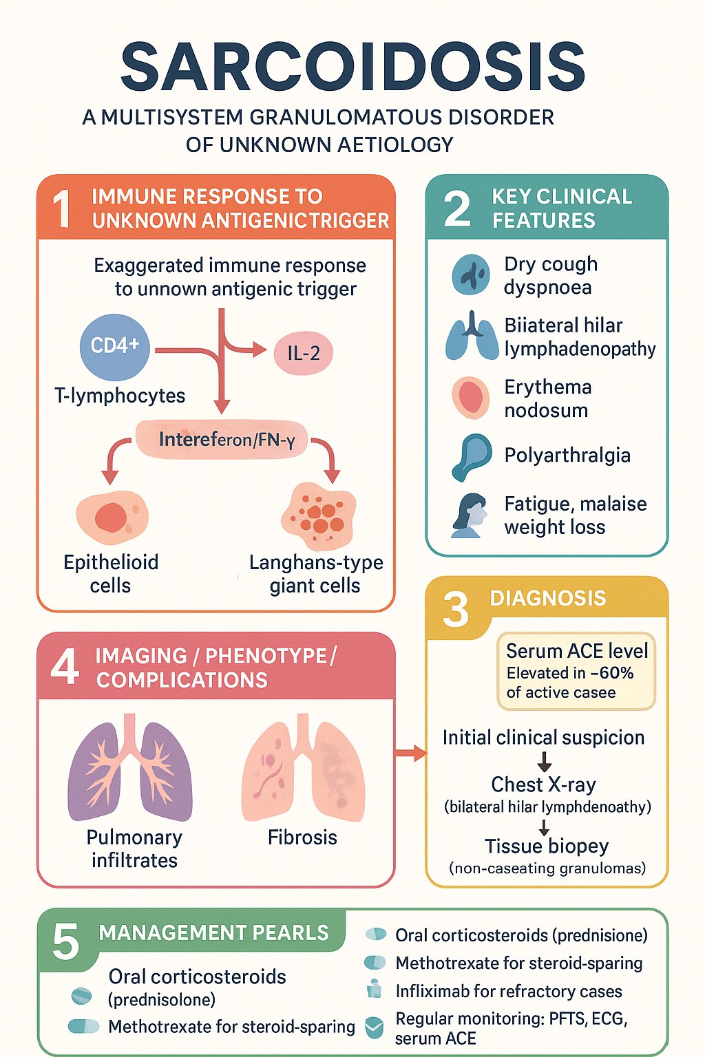 Sarcoidosis clinical infographic — pathophysiology, clinical clues, diagnosis, imaging, and management