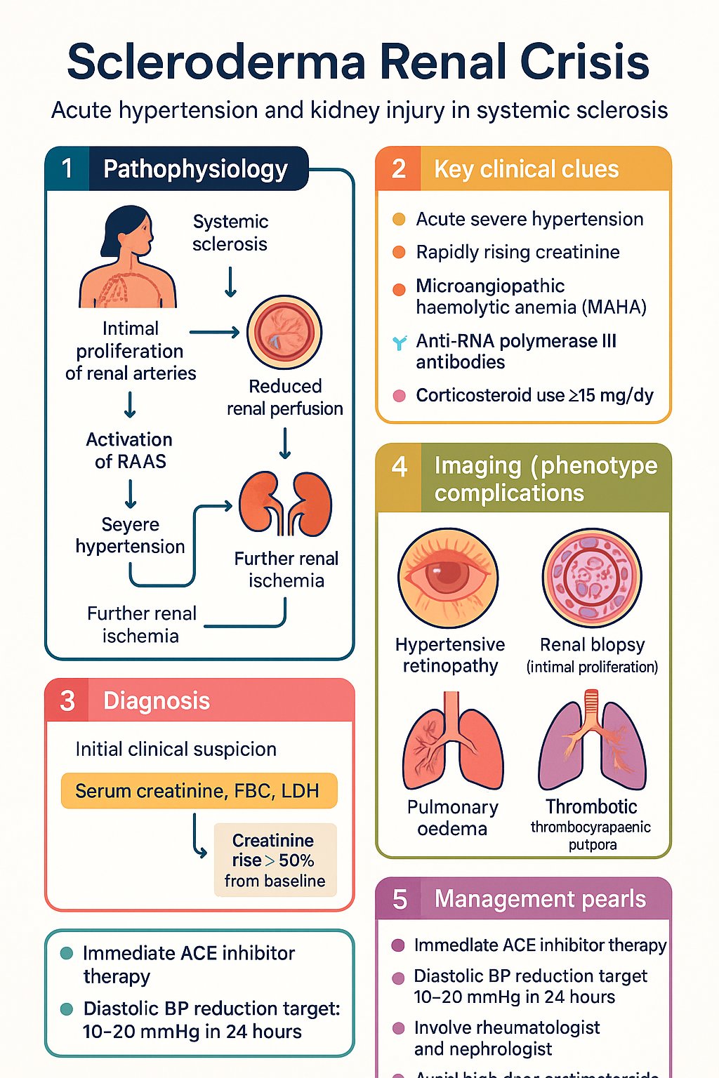 Scleroderma Renal Crisis clinical infographic — pathophysiology, clinical clues, diagnosis, imaging, and management