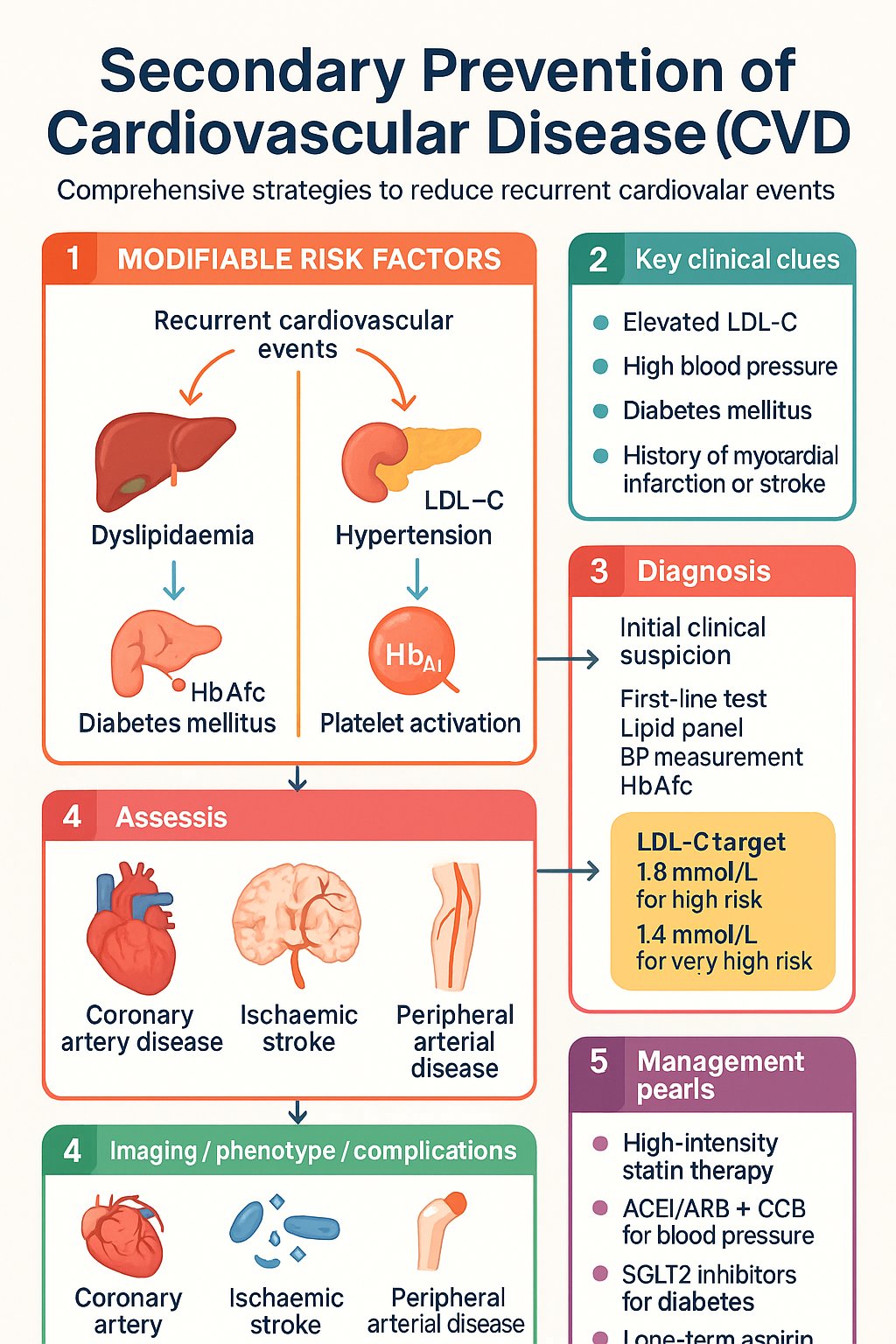 Secondary Prevention of CVD clinical infographic — pathophysiology, clinical clues, diagnosis, imaging, and management