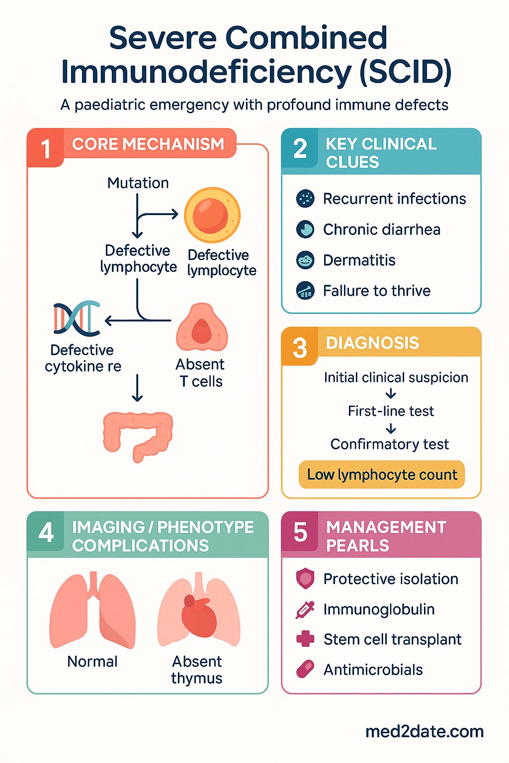 Severe Combined Immunodeficiency (SCID) clinical infographic — pathophysiology, clinical clues, diagnosis, imaging, and management