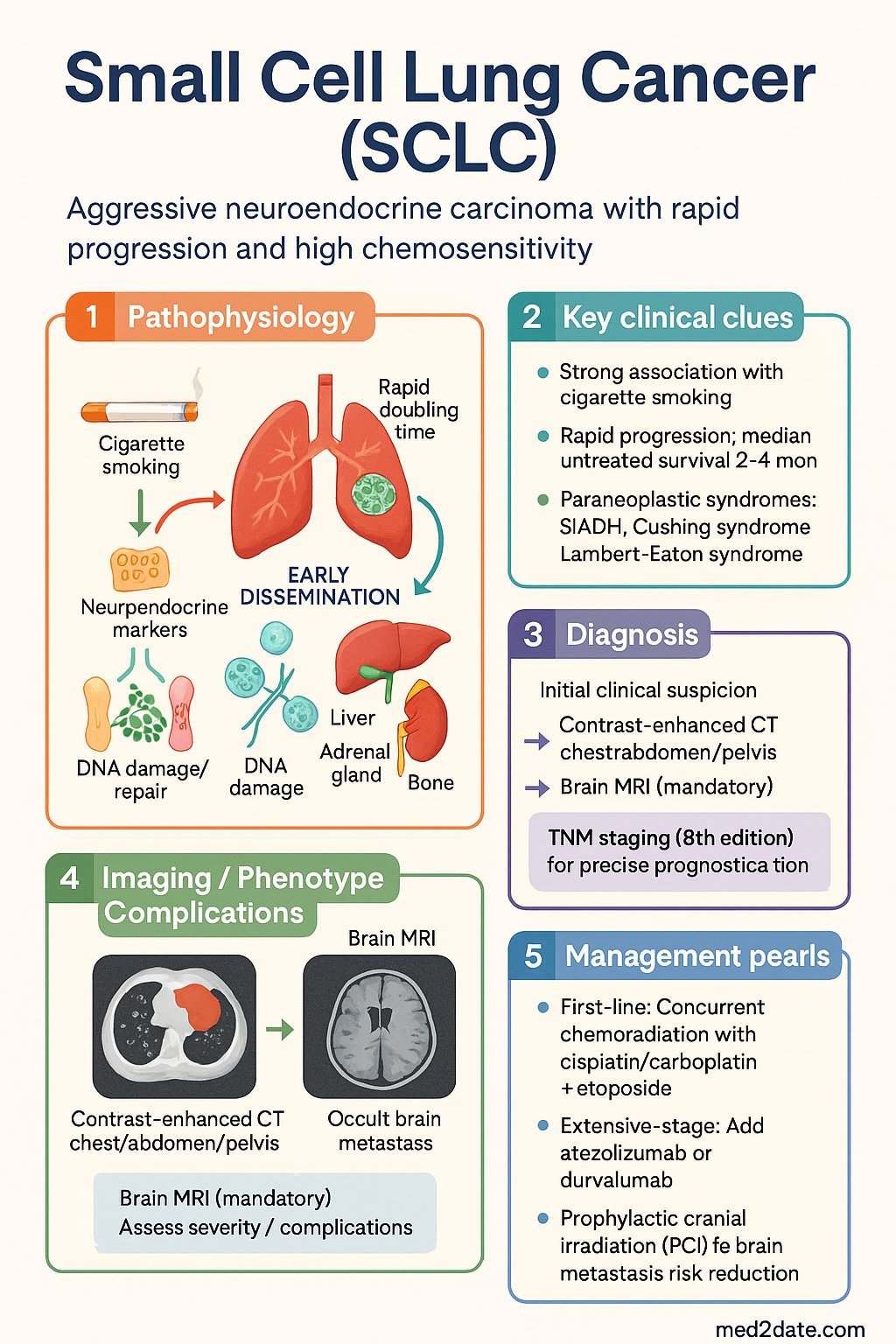 Small Cell Lung Cancer (SCLC) clinical infographic — pathophysiology, clinical clues, diagnosis, imaging, and management