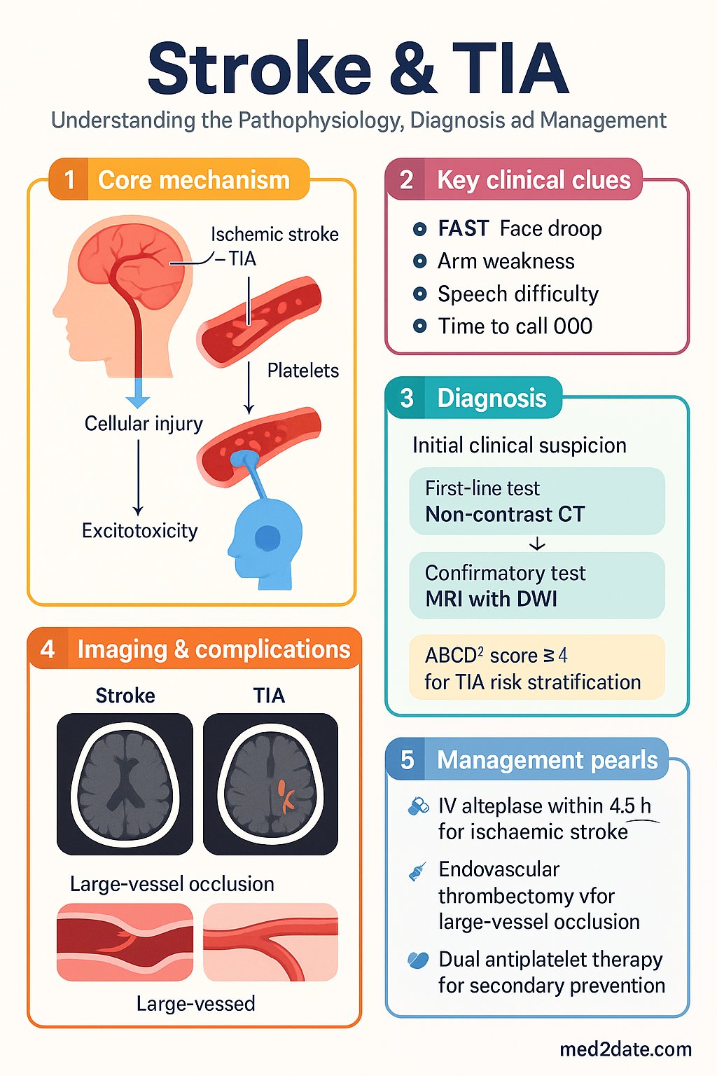 Stroke & TIA clinical infographic — pathophysiology, clinical clues, diagnosis, imaging, and management