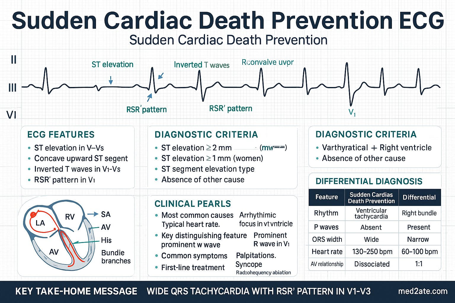 Sudden Cardiac Death Prevention ECG infographic — ECG features, diagnostic criteria, mechanism, clinical pearls, differential diagnosis, and key take-home message