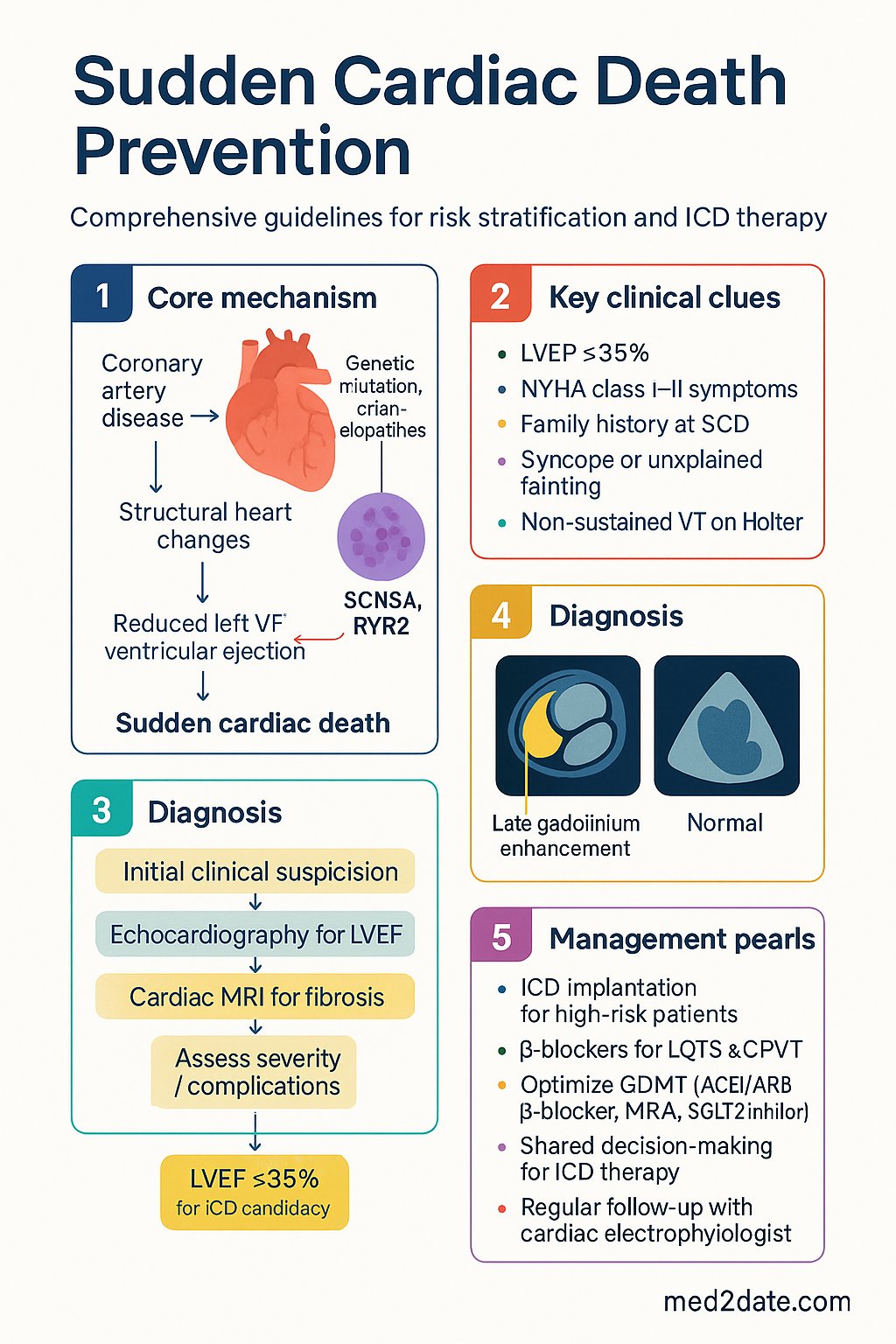 Sudden Cardiac Death Prevention clinical infographic — pathophysiology, clinical clues, diagnosis, imaging, and management