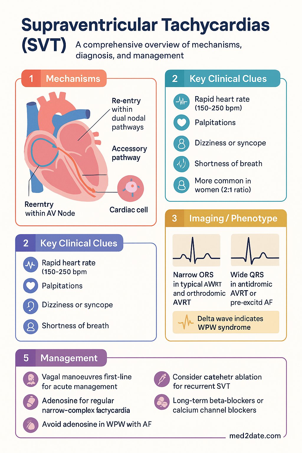 Supraventricular Tachycardias (SVT) clinical infographic — pathophysiology, clinical clues, diagnosis, imaging, and management