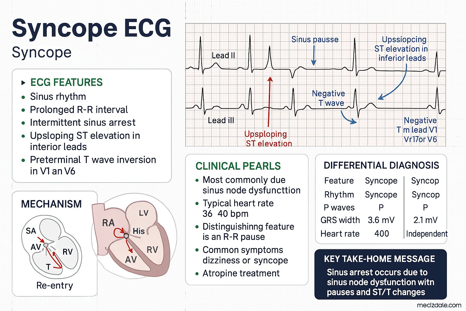 Syncope ECG infographic — ECG features, diagnostic criteria, mechanism, clinical pearls, differential diagnosis, and key take-home message