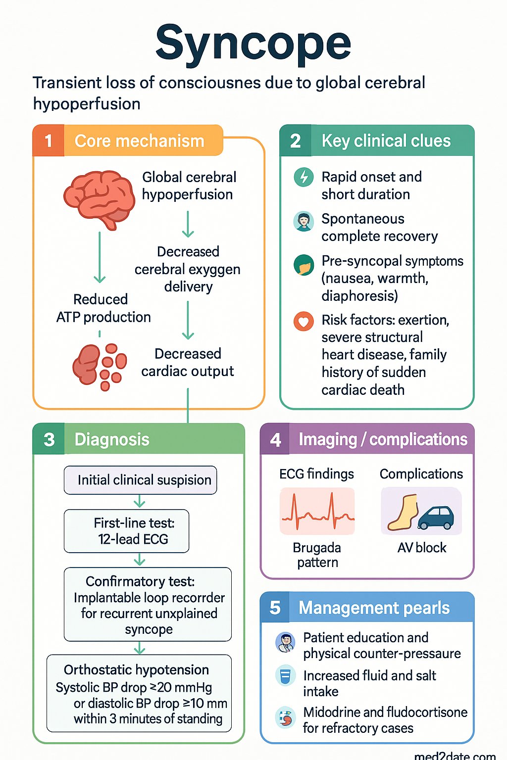 Syncope clinical infographic — pathophysiology, clinical clues, diagnosis, imaging, and management